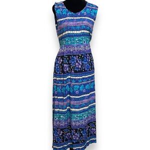 Basic Editions Maxi Dress Womens 12 Blue Floral Geometric Print Tie Back Vintage